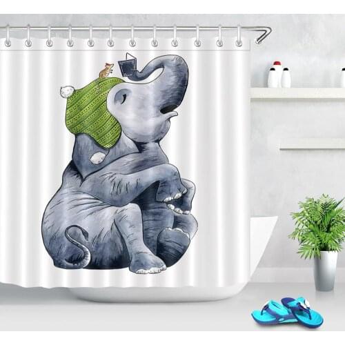 Cute Animal Elephant Rat Reading Waterproof Fabric Polyester Shower Curtains Elephant Hand Painted Bathroom Curtain With Hooks
