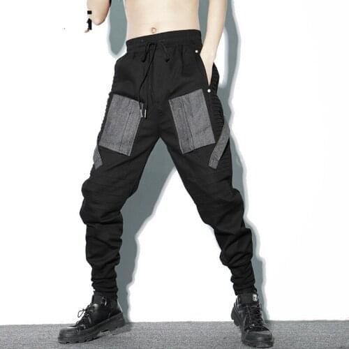 #7505 Fashion Pleated Pencil Harem Pants Black Elastic Waist Patchwork Big Pocket Hip Hop Trousers For Men Joggers Streetwear