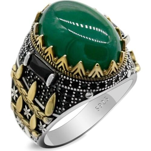 High Quality Oval Natural Green Agate Stone Ring Mens 925 Silver Punk Style Jewelry Party Friend Party Gift Family Lover Ring