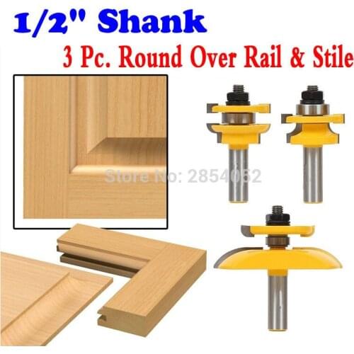 1/2" Shanks Round Over Rail & Stile with Cove Panel Raiser 3 Bit Router Bit Set Tenon Cutter for Woodworking Tools
