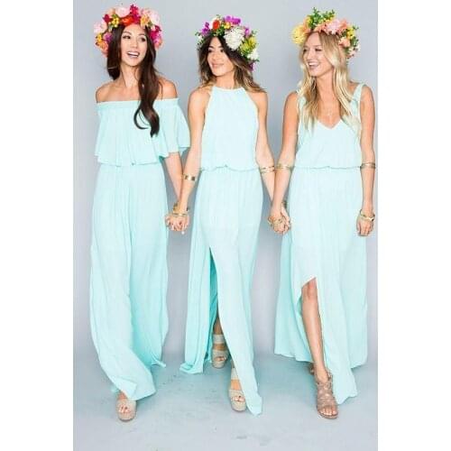 Mint Green Cheap Bridesmaid Dresses Under 50 A-line V-neck Chiffon Slit Long Wedding Party Dresses