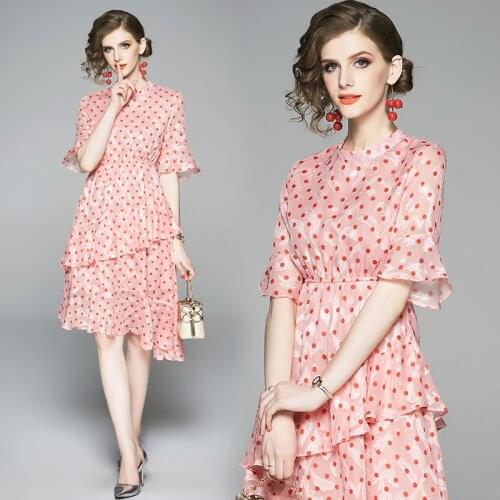 Womens Summer New Retro round Neck Polka Dot Irregular Short-Sleeved Dress