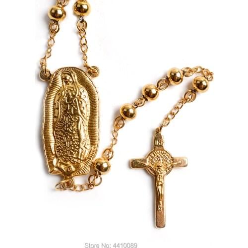 Gold Stainless Steel Our Lady of Guadalupe Rosary Necklace