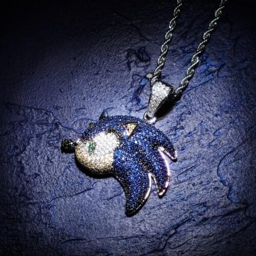 Hip Hop Blue CZ Stone Paved Bling Iced Out Flying Fish Elve Pendants Necklace for Women Men Rapper Jewelry Drop Shipping