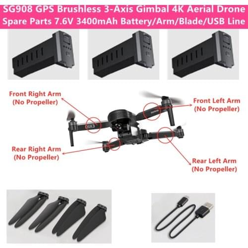 SG908 GPS Brushless 3-Axis Gimbal 4K HD Aerial RC Drone Spare Parts 7.6V 3800mAh 30Mins Duration Battery/Arm/USB Cable/Propeller