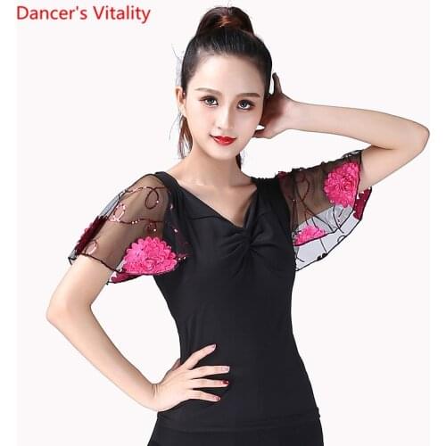Ballroom Dance Top Flamenco Blouse Standard Modern Dancer Costume Performance Outfits Waltz Dancewear Short Sleeves 7 Colors