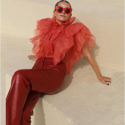 2021 Vintage Tiered Ruffle Tulle Tops Women Fashion Sheer See Through Tulle Top Short Sleeves Party Blouse Shirts Custom Made