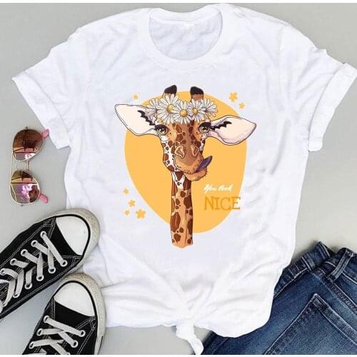Women Cartoon Funny Animal Giraffe Happy 90s Fashion Print Graphic Summer Short Sleeve Female Clothes Tops Tees Tshirt T-Shirt