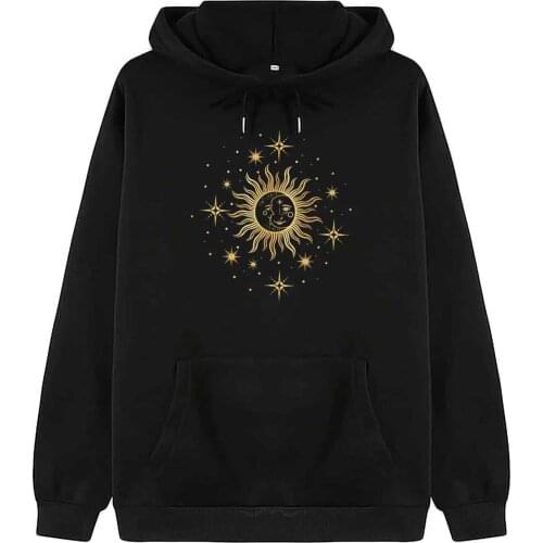 Womens Autumn Long Sleeve Hoodie Sweatshirt Kawaii Sun Print Crew Neck Hooded Pullover Harajuku Drawstring Blouse Худи Оверсайз