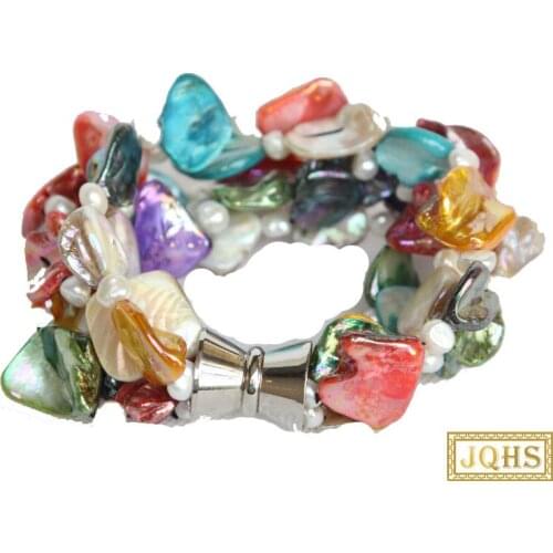 Natural 8" 5row Baroque white pearls Multicolor seashell Bracelet magnet clasp c42 bracelets for women