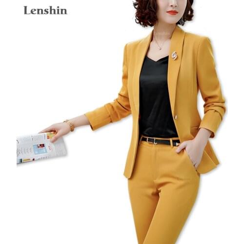 Lenshin 2 Pieces set Shawl Collar Straight and Smooth Formal Pant Suit Office Lady Uniform Designs for Women Business Work Wear