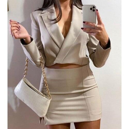 Womens Formal Blazer Suit Solid Color Long Sleeve Short Blazer Jacket with High Waist Slit Skirt Ladies Office Blazer Outfit