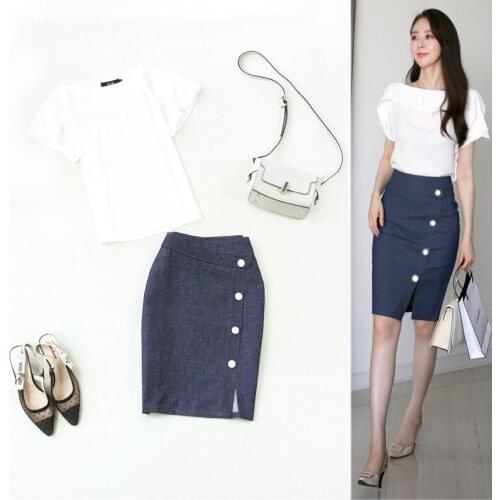 Womens suit two-piece summer new fashion white chiffon neckline shirt + denim bag hip pencil skirt 0L set 2 piece set women