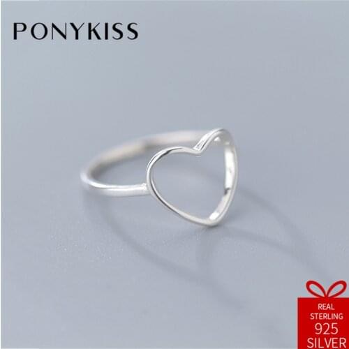 PONYKISS Cute 100% 925 Sterling Silver Resizable Opening Simple Heart Ring Fine Jewelry Women Engagement Creative Gift