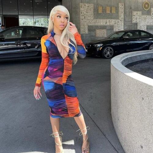 Wsevypo Autumn Color Block Geometric Midi Bodycon Dress Y2K Vintage 90s Womens Long Sleeve Zip Up Sheath Dress Slim Fit