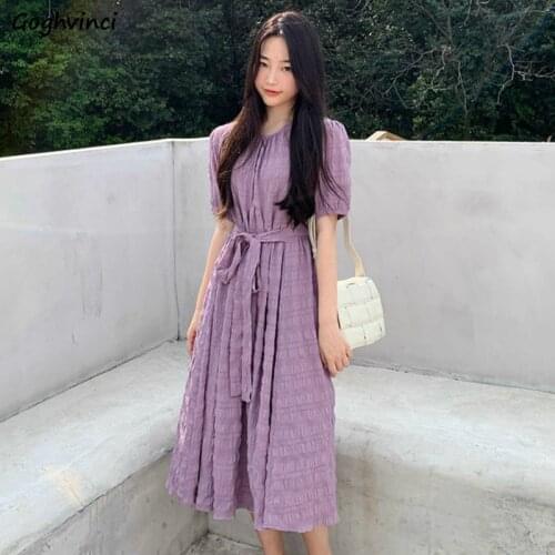 Short Sleeve Dress Women Bow Defined-waist Maxi Dresses Solid Purple Colorful Casual Sweet Ladies BF Streetwear Fashion Ulzzang