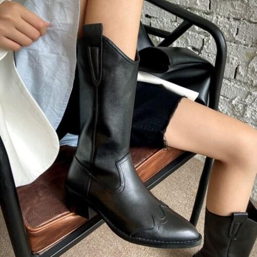 2020 winter cow leather short boots pointed square heel mid-calf boots warm short plush western boots black brown boots woman