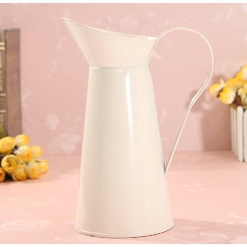 1PC Vintage Tall Metal Shabby Chic Cream Vase Enamel Pitcher Jug Wedding Home Decor