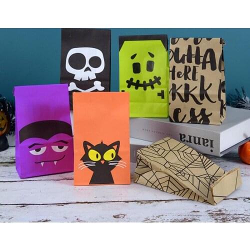 10/20pcs Halloween Skull Cat Spiderweb Zombie Mummy Pattern Kraft Paper Food Candy Bags Halloween Party Decor Treat Packing Bags