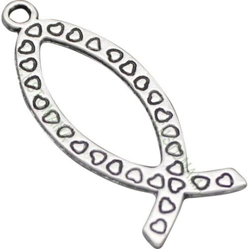 100pcs-Antique Tibetan Silver 2 Sided Jesus Fish Charms Pendants,Religious Fish 29x12mm