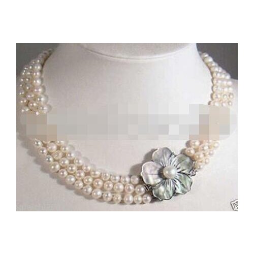 3 Rows 7-8mm White freshwater Cultured Pearl Necklace Shell Clasp