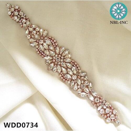 30PCS )Wholesale hand beaded sewing bridal sash rose gold rhinestone appliques iron on for wedding dresses WDD0734