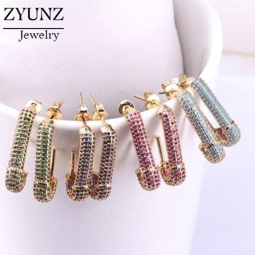 4 Pairs, Crystal Zirconia Pin Shaped Stud Earring Colorful Studs CZ Micro Pave For Women Girls