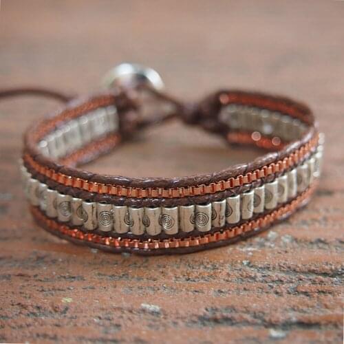 Metal Beads 3Row Wrap Bracelets with Stainless Steel Box Chain Punk Industrial Style Boho Bracelet for Women Tree of Life Button