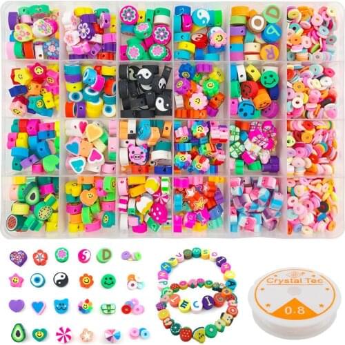 300pcs 10mm Cute Polymer Clay Beads Kit For DIY Bracelet Necklace Soft Clay Smile Beads Jewelry Accessories Cute Fruit Sunflower