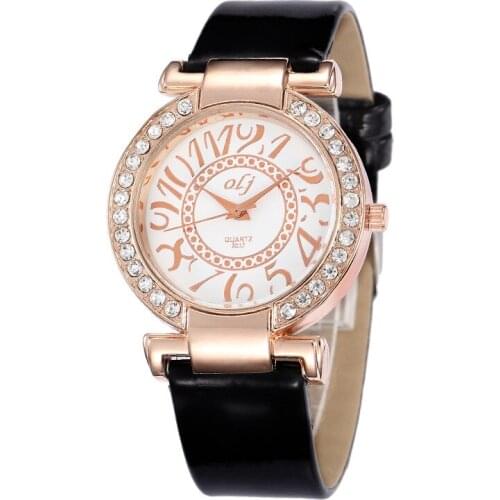 Lady Fashion Crystal Big Number Dial Watch Leather Watchband Analog Quartz Clock Hodinky Gift Clock Black Drop Shipping Ceasuri
