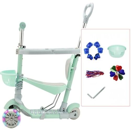 4 in 1 Flashing Wheels Kids Scooter, Aluminium Alloy Frame Kids Trolley, adjust height baby scooter suit for 1-10ages kids