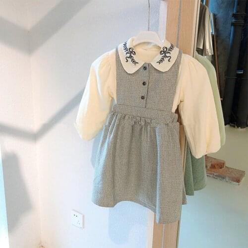 DFXD High Quality Winter Baby Girls Embroidery Peter Pan Collar Blouse Shirt+Plaid Vest Dress Plus Velvet Children Clothing Sets