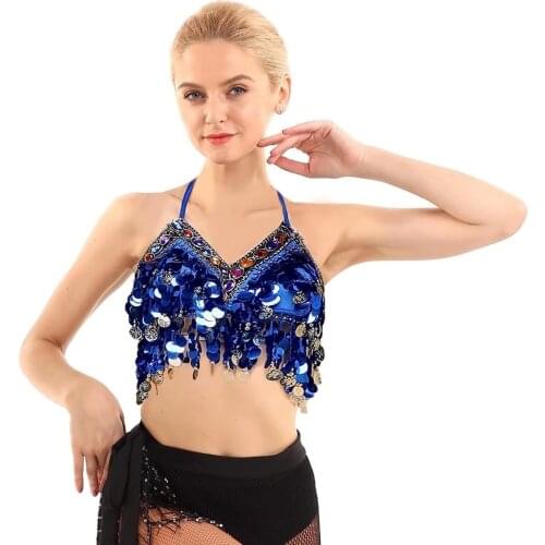 Women Beaded Glitter Dance Tops Tassels Halter Neck Padded Chiffon Vest Belly Dancewear Boho Festival Club Tribal Bra Crop Top