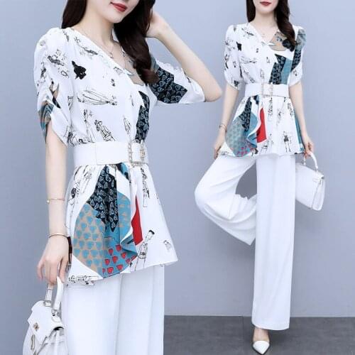 Women Summer Two Piece Set 2021 Female Chiffon Wide Leg Pants Two-Piece Suit New Lady Suit Loose Plus Size Outfit 3XLA1047