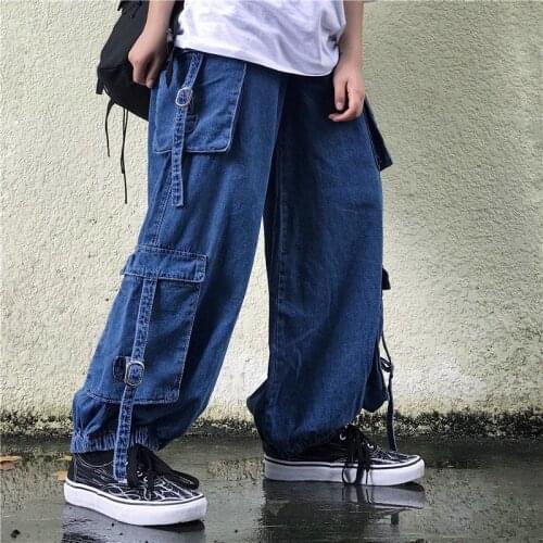 BANNAJI Men`s Women`s Harajuku Carto Jeans Loose Fit Multi Pockets Fashion Street Style Japanese Hip Hop Denim Pants Baggy