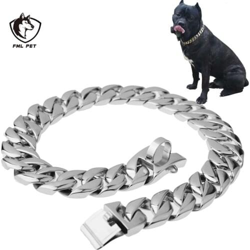 FML Pet Collar for Dogs Stainless Steel Training Chain Dog Collar Pitbull Bulldog Heavy Dog Necklace Cuban Link Traction Rope