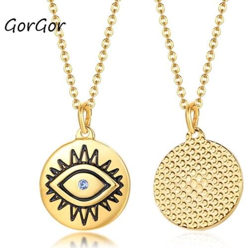 GorGor High Quality Simple Small Round Stainless Steel Eyes Inlaid Rhinestone Gold Necklace for Vinatge Female Gift NC-491