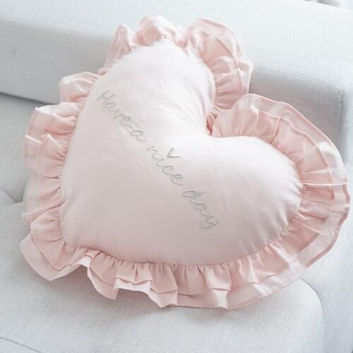 Ins Cotton Ruffled Heart Pillow Geometric Letter Embroidery Chair Cushion Home Sofa Bed Car Waist Pillow Decoration Wedding Gift