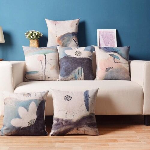 Chinese Watercolor Lotus Cushion Pillow Cover Decorative Home Decoration Office Sofa PillowCase