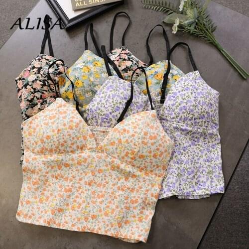 Women Sexy Tank Tops Summer Sweet Floral Printed Sexy V Neck Crop Tops Ladies Cute Korean Tops