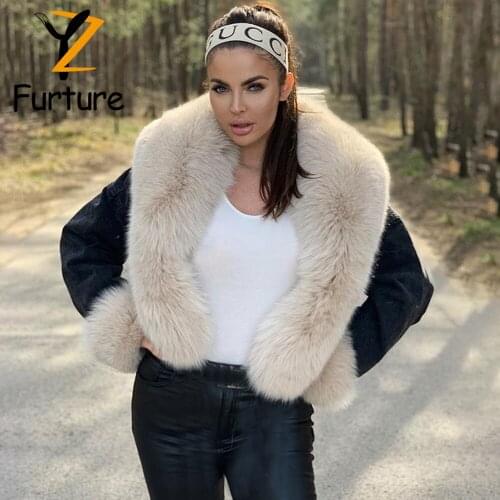 Fashion Real Fur Coats Winter Women Coat 2021 Trendy Denim Jacket With Natural Fox Fur Turn-down Collar Luxury Fox Fur Outwear