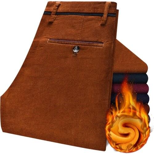 2020 Winter Mens Warm and Thick Casual Pants Business Casual Classic Style Corduroy Fleece Trousers Male Brand Red Wine Khaki