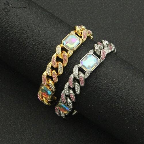 Hip Hop Bling Iced Out Men Rapper Bracelet Full Rectangle Rhinestone Pave Miami Cuban Link Chain Woman Bracelet for Men Jewelry