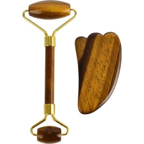 Natural Tiger Eye Jade Stone Facial Massage Roller Guasha Board Anti-wrinkle Treatment Body Face Lift Massager Health Care Tools