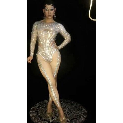 New Silver Rhinestones Jumpsuit Dance Costume Bling Womens Outfit Diamonds Bodysuit Nightclub Rompers Female Singer Wear