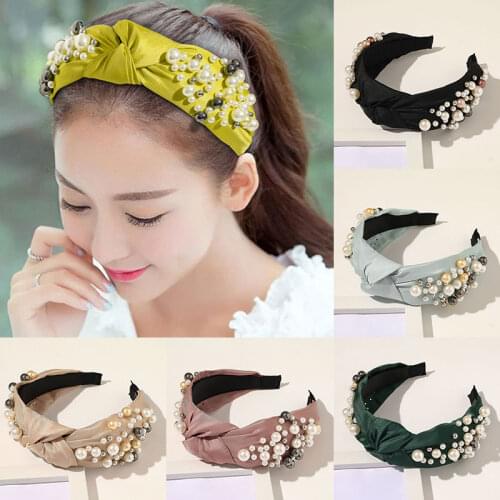 Fashion Womens Pearl Hairband wide Headband Women Artificial Pearls Hair Hoop Knotted Hair Bands Bezel Turban Hair accessories