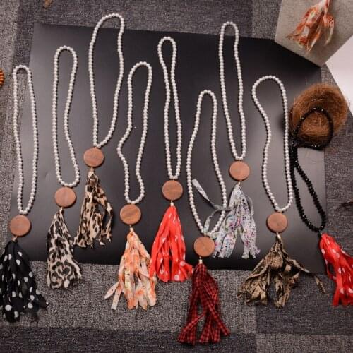 Rainbery Monogram Blank Wooden Disc Pearl Necklace Leopard And Snakeskin Tassel Necklace JN1184