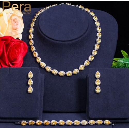 Pera Classic Wedding Party Costume Jewelry Sets Big Pear Cut Yellow Stone Choker Necklace Earrings And Bracelets For Women J205