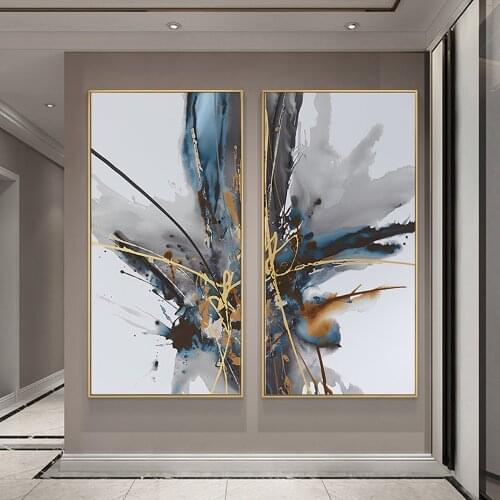 DDHH Modern Abstract Blue Gray Gold Line Canvas Art Paintings For Living Room Bedroom Posters And Prints Wall Poster Home Decor