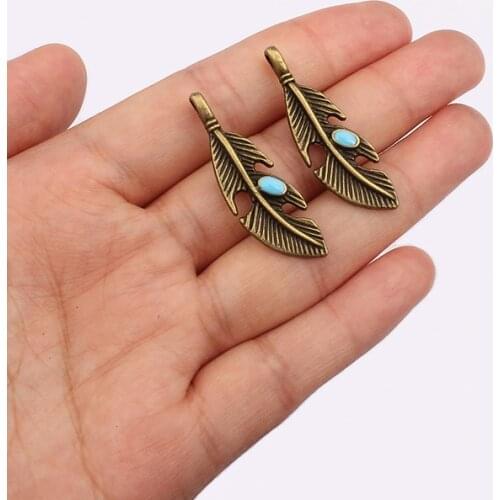 10PCS Antique Bronze Leaf Feather Stone Charms Pendants for Necklace Earrings Making Jewelry Findings 37x11mm